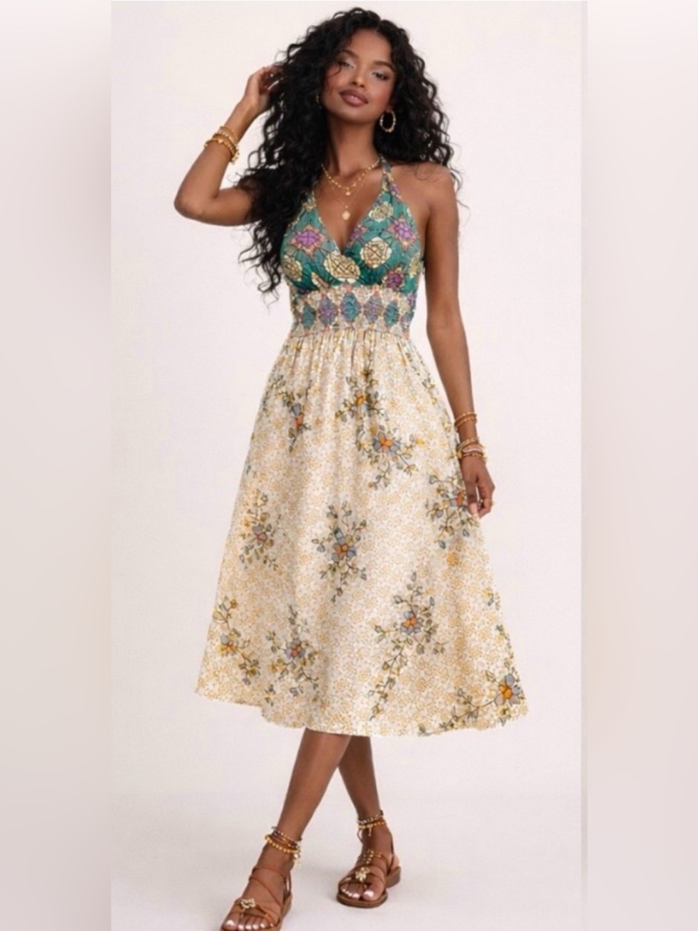 Aman Halter Midi Dress l Mixed Print | Size L New Without Tags/Never Worn